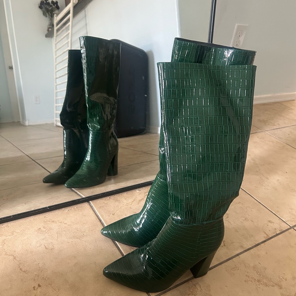 Green Croc-Embossed Knee-High Boots